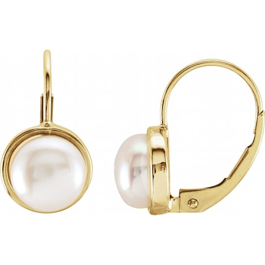14K Yellow Gold 7.5 mm Freshwater Cultured Pearl Lever Back Drop Earrings