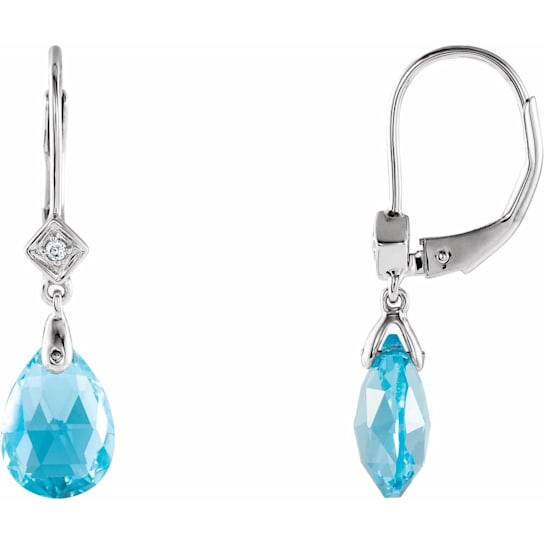 14k White Gold Swiss Blue Topaz and .025 CTW Diamond Dangle Earrings for Women