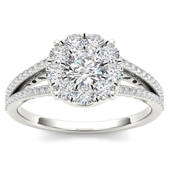 10K White Gold 1.0ctw Round Diamond Split Shank Cluster Engagement Ring (I2-Clarity-H-I-Color)