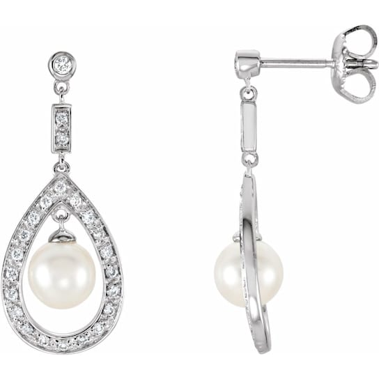 14k White Gold Freshwater Cultured Pearl and 1/4 CTW Diamond Dangle
Earrings for Women