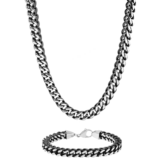Stainless Steel Black Ion Plated Franco Chain Necklace & Bracelet Set