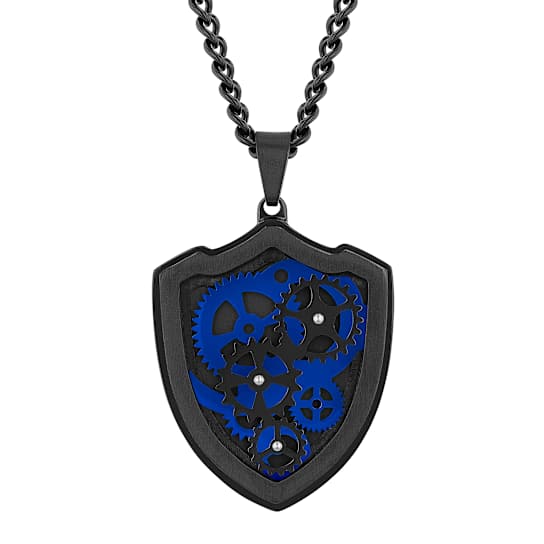 Stainless Steel Black & Blue Ion Plated Gear Shield Pendant