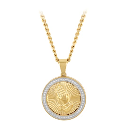 White Diamond Stainless Steel Yellow IP Prayer Hands Medallion With
Chain .25ctw