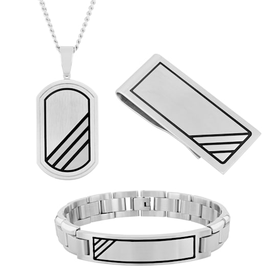 Stainless Steel Geometric Design Dog Tag Pendant, ID Bracelet, and Money
Clip Set