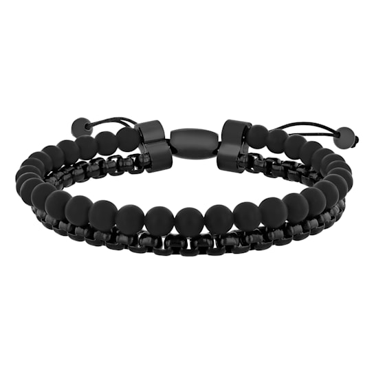 Stainless Steel Black Ion Plated and Matte Black Onyx Bead Bolo Bracelet