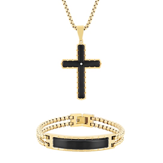 Diamond Accent Two-Tone Stainless Steel Cross Pendant & ID Bracelet Set