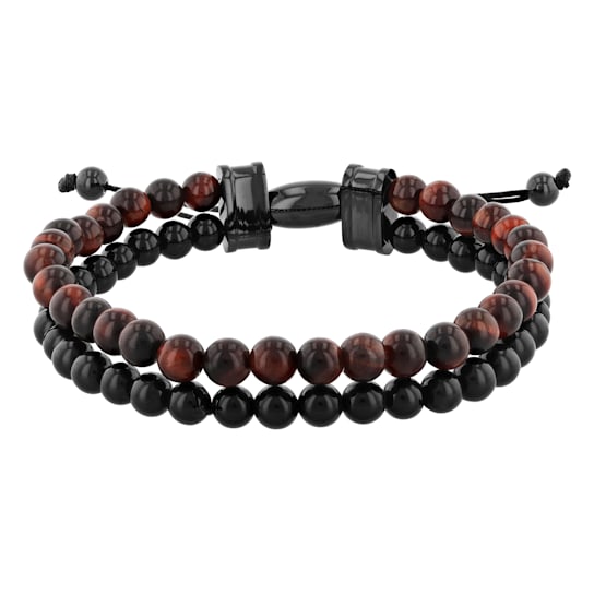 Onyx and Red Tiger Eye Bead & Stainless Steel Bolo Bracelet