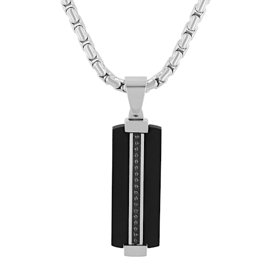 0.10CTW Black Diamond Stainless Steel with Black IP Skinny Dog Tag