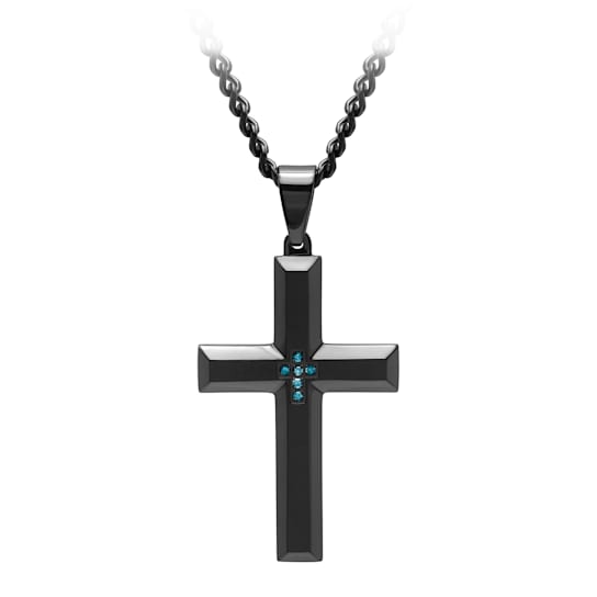 1/20CTW Blue Diamond Stainless Steel Black IP Beveled Cross With Chain.