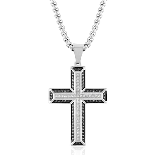 Black and White Diamond Stainless Steel Black IP Cross With Chain .50ctw