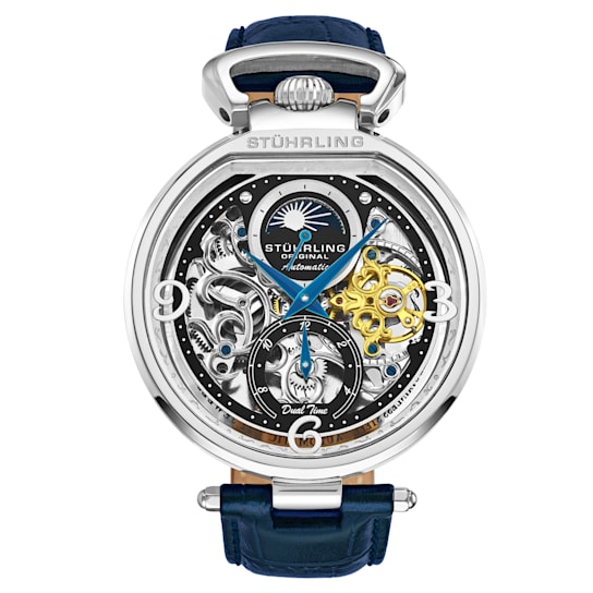 Men's Automatic Dual Time Watch, Silver Case, Black Skeleton dial, Blue
Leather Strap