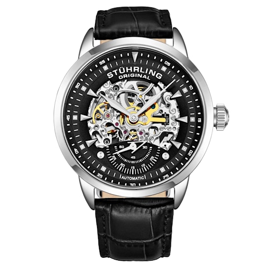 Men's Watch Automatic Silver Case and Hands, Black Skeletonized Dial,
Black Genuine Leather Strap