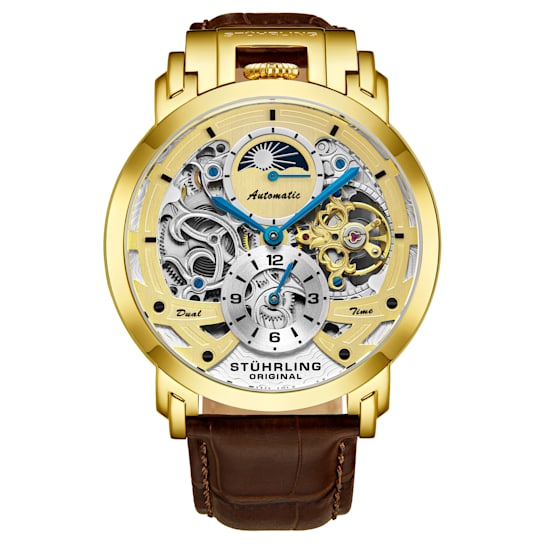 Men's Automatic Watch Dual Time Gold Tone Skeleton Dial, Brown Leather Strap
