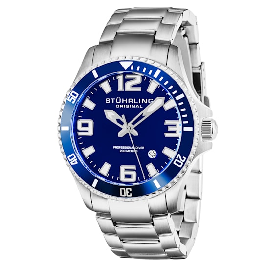 Men's Dive Watch Stainless Steel Case and Link Bracelet, Blue Bezel and
Dial, White/Silver Accents