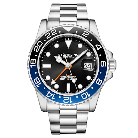 Men's Quartz Dive Watch, Black/Blue Bezel, Black Dial with White/Orange
Accents, Luminous