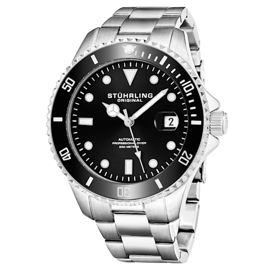 Men's Automatic Diver Watch, Black Dial and Bezel, Silver Case,
Stainless Steel Bracelet