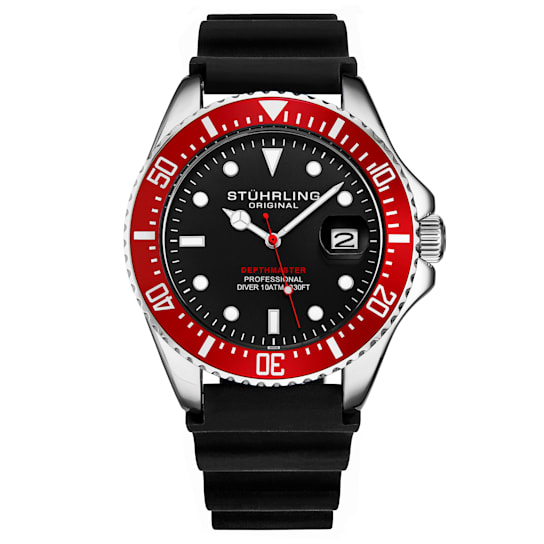 Men's Quartz Dive Watch Unidirectional Black Dial, Red Bezel, Luminous
Black Rubber Strap
