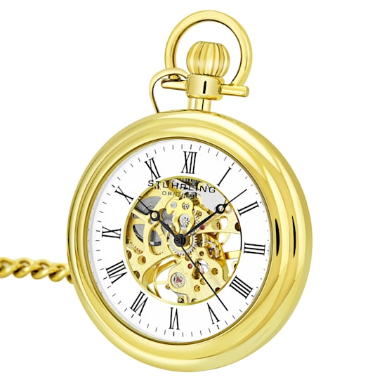 Stainless Steel Pocket Watch on Gold Tone Chain with White Bezel and
Black Accents.