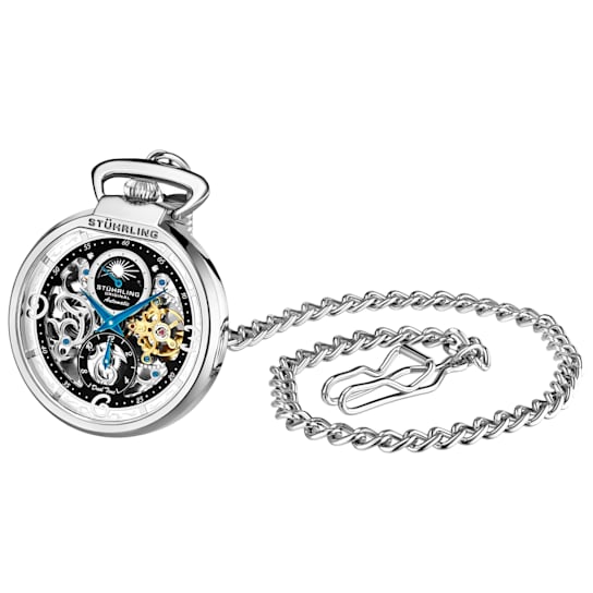 Men's Silver Tone Pocket Watch with Black and Silver Tone Skeleton Dial,
Day Night Cycle, Dual Time