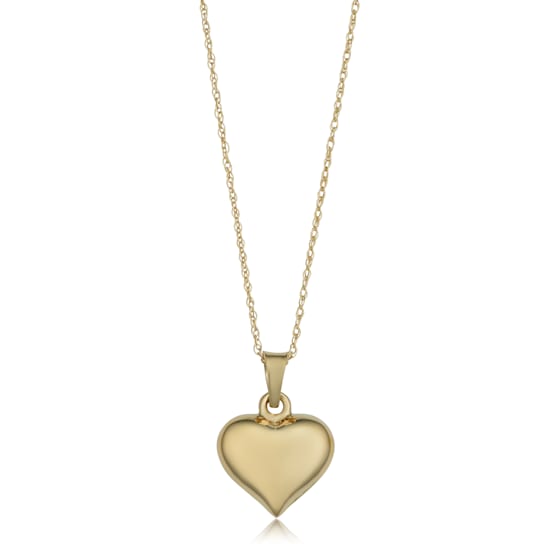 14k Yellow Gold Puffed Heart Pendant on Rope Chain Necklace (16 or 18 inches)