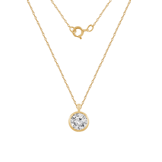 LUXGEM 14K Yellow Gold Bezel Round Cut Pendant Necklace | 3 Carat Cubic Zirconia