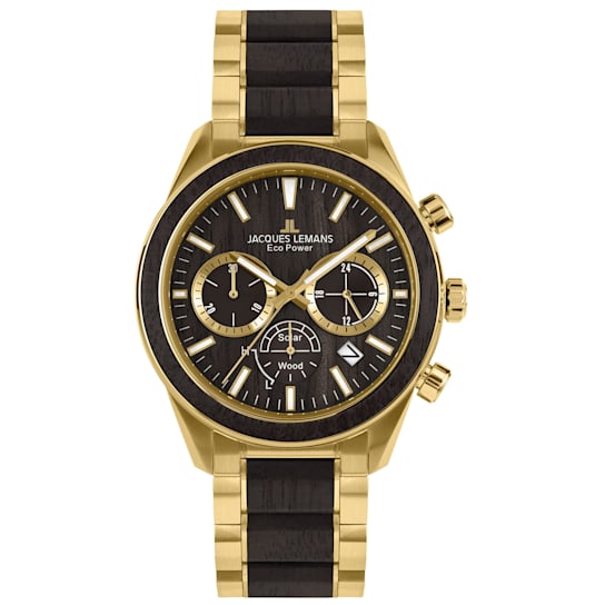 JACQUES LEMANS Eco Power Men's Watch with Stainless Steel/Wood Inlay
Strap Gold, Chronograph 1-2115