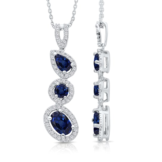 KALLATI 14K White Gold Sapphire and Diamond Dangle Pendant with Chain 1.45ctw