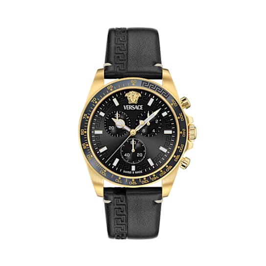 Greca Chrono Wave Black Dial Leather Strap Watch