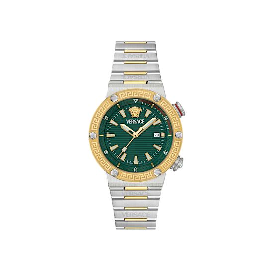 Greca Logo Mens Watch Two Tone Case Green Guilloché Dial Two Tone Bracelet