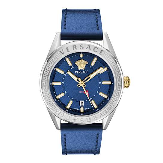 V-Code GMT Blue Sunray Dial Leather Watch