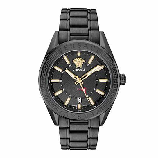 V-Code GMT Black Sunray Dial Black Stainless Steel Bracelet Watch