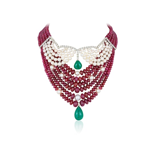 Andreoli Ruby Beads, Emerald, And Pearl Statement Necklace