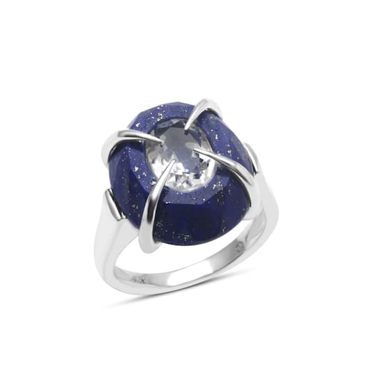 Rhodium Over Sterling Silver Lapis And White Topaz Ring 12ctw