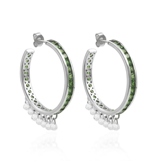 Sterling Silver Tsavorite And Crystal Drops Hoops 10.38ctw