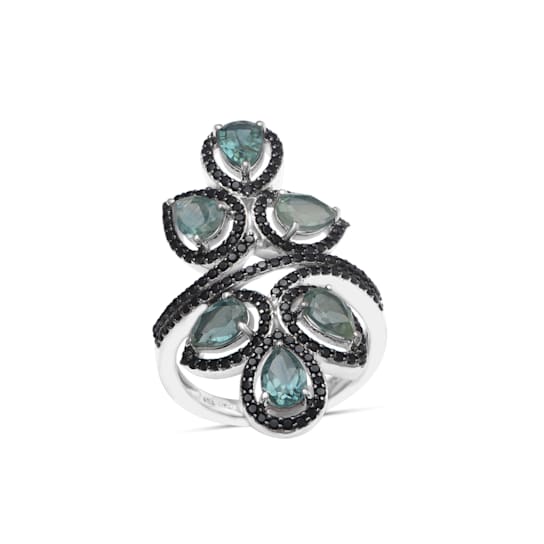 Rhodium Over Sterling Silver Teal Kyanite And Black Spinel Ring 4.64ctw