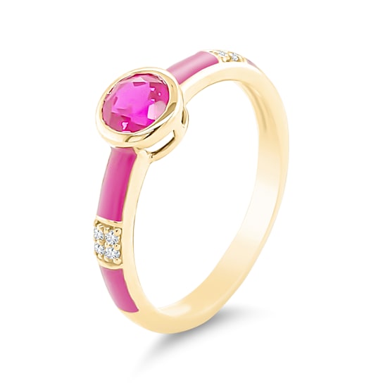 14K Yellow Gold Enamel Ring with  Created Ruby and Diamond