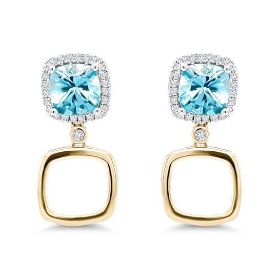 18K Yellow Gold Blue Zircon and Diamond Earrings 4.40ctw