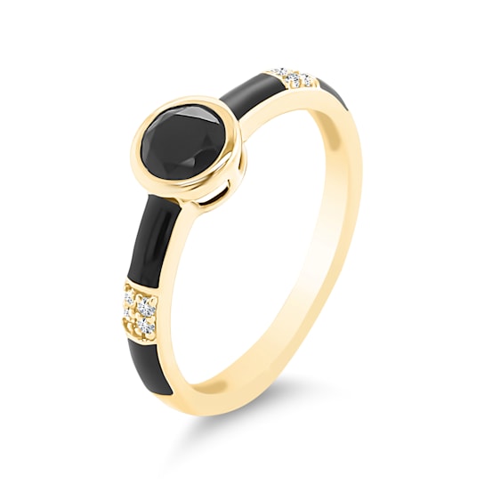 14K Yellow Gold Enamel Ring with  Black Onyx and Diamond
