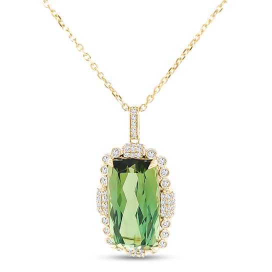 14K Yellow Gold Green Tourmaline and Diamond Pendant with Chain 13.76ctw