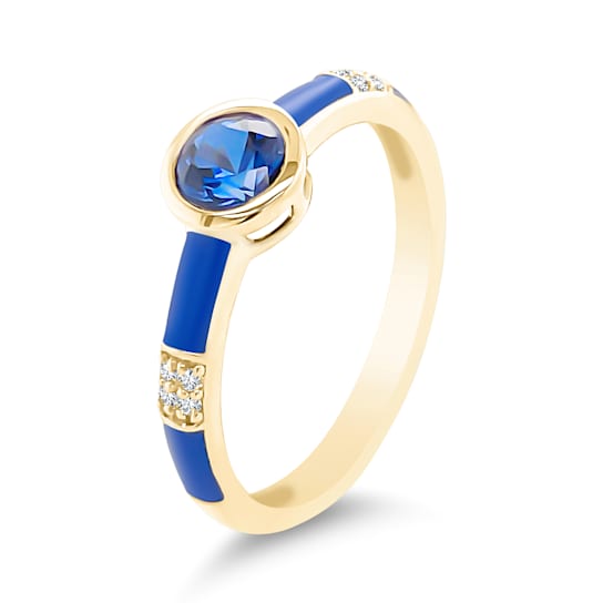 14K Yellow Gold Enamel Ring with Created Blue Sapphire and Diamond