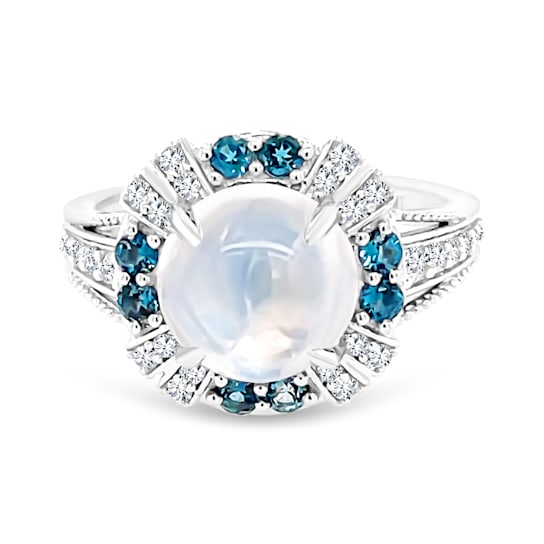18K White Gold Moonstone, London Blue Topaz, and Diamond Ring 3.71ctw