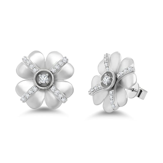 18K White Gold Flower Design Diamond Earrings