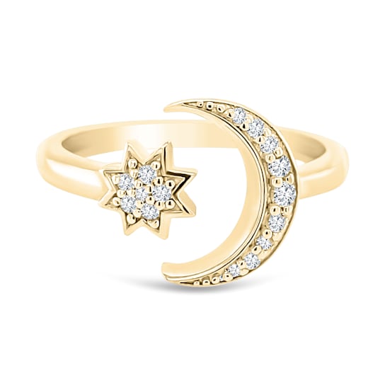 White Sapphire Round Star and Moon Design Ring, Gold Plated Sterling Silver