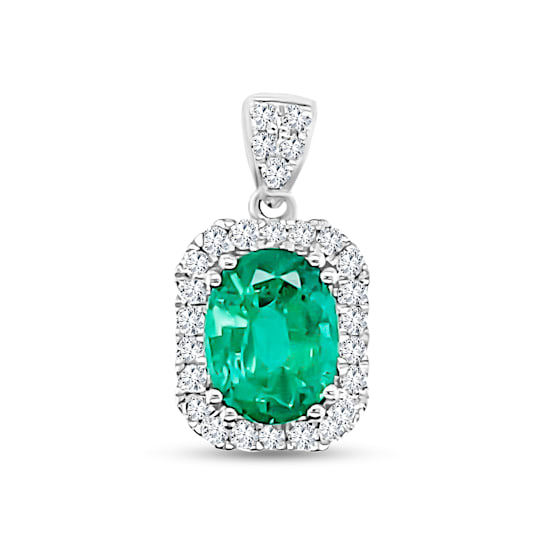 14K White Gold Emerald and White Diamond Pendant