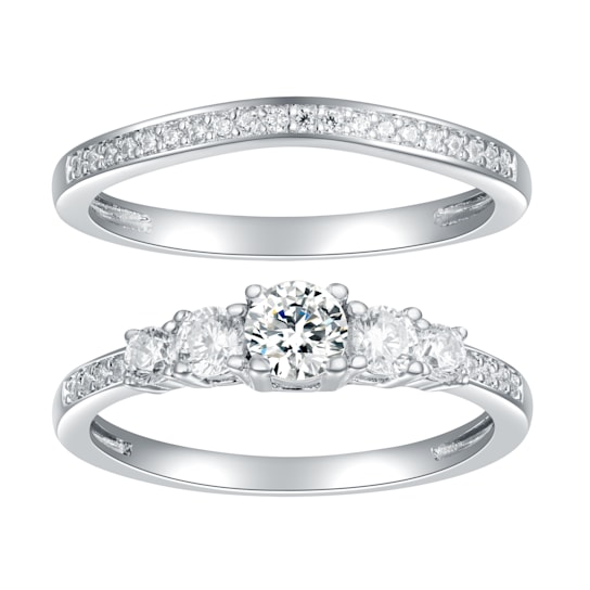 050 cttw 5-Stone Round-Cut Cubic Zirconia Bridal Ring Set, Sterling Silver