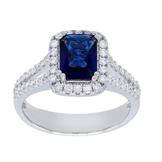 3.36 cttw Simulated Sapphire Cubic Zirconia Halo Engagement Ring,
Sterling Silver