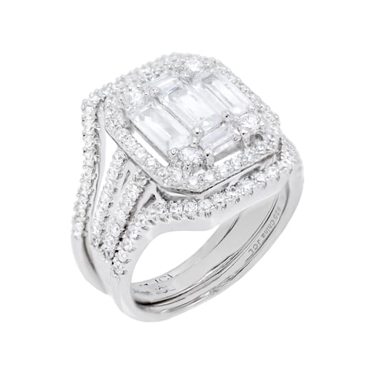 3.84 cttw Baguette-Cut Cubic Zirconia Bridal Ring Set, Sterling Silver