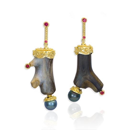 Classic Collection Earrings in 22kt & 18kt gold set with Fossilized
Coral, Pearls and Spinels