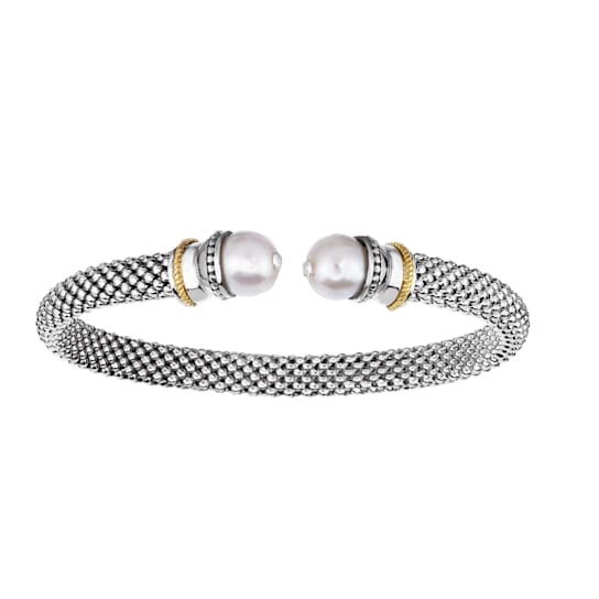 Sterling Silver & 18K Gold Freshwater Pearl Bangle