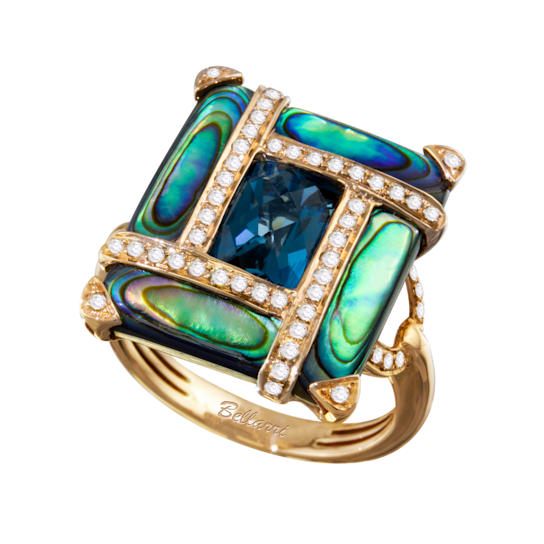 BELLARRI 14kt Rose Gold Abalone and London Blue Topaz Ring from the
Anastasia Collection